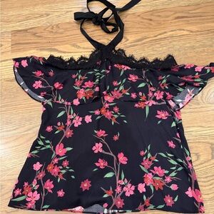 Alice + Olivia Black Halter Floral Lace Trim Camisole